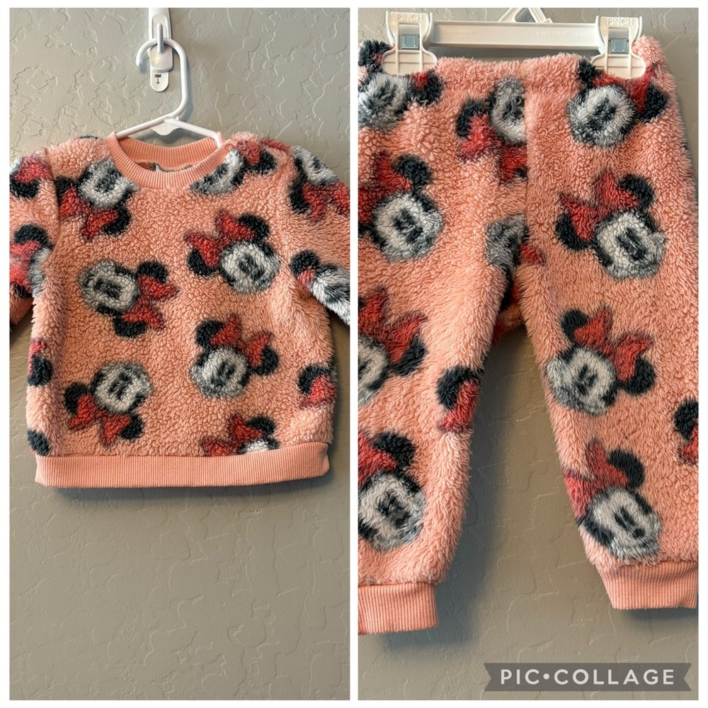 Disney baby pink minnie mouse two piece fuzzy sweatshirt pants set 12 months